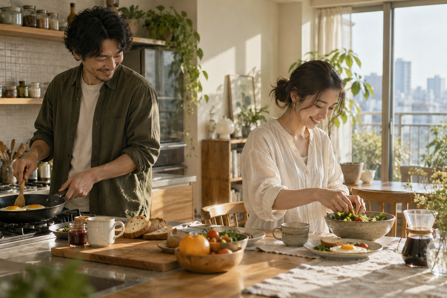 朝の食卓を二人で整えるカップル