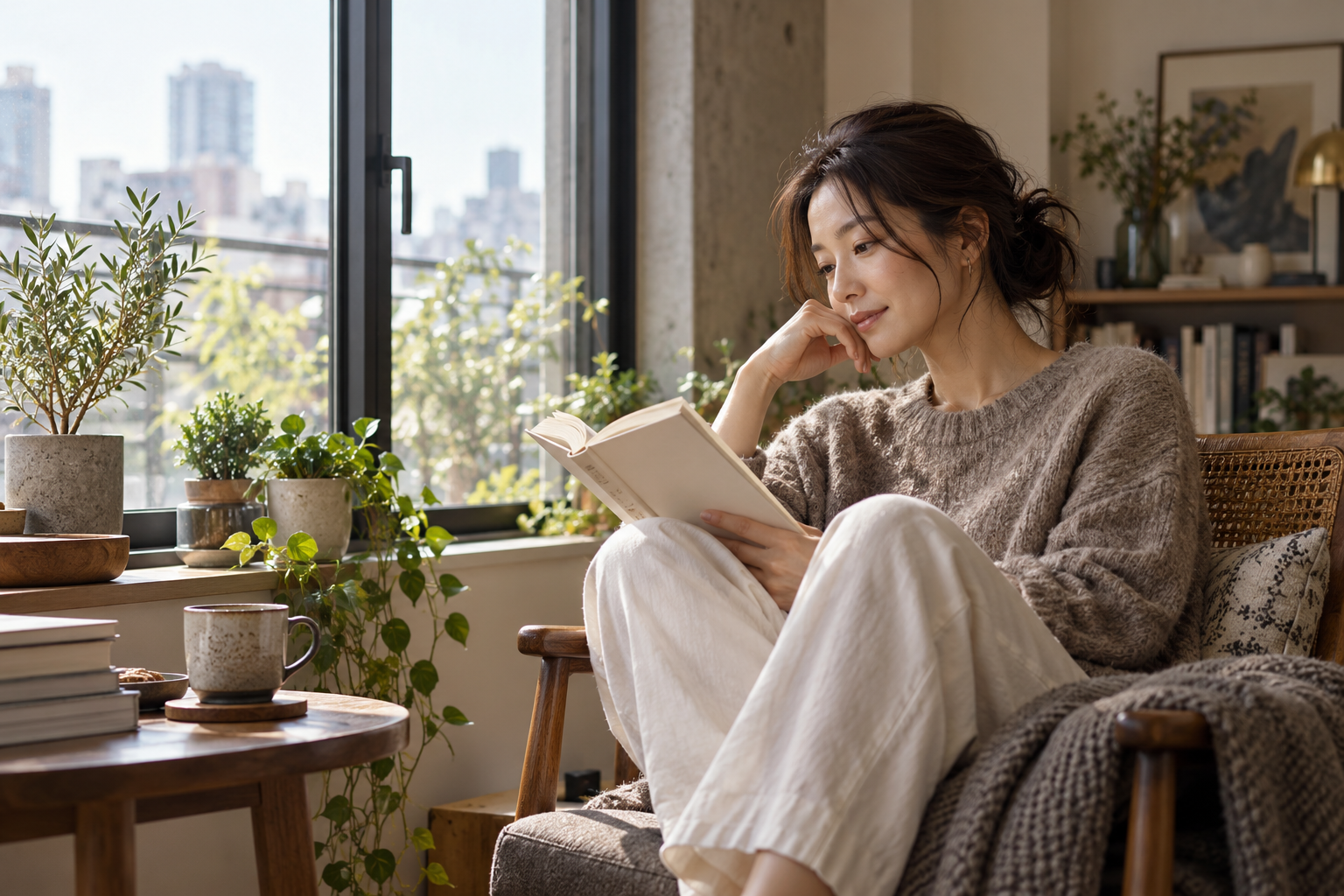 窓辺で一人の読書時間を楽しむ女性