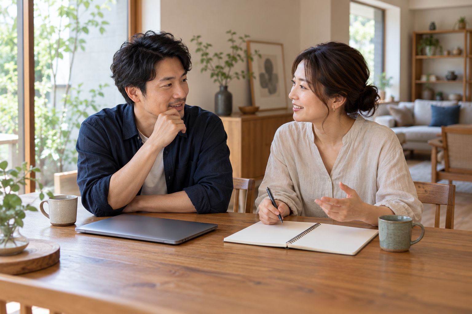 暮らしの予定をノートを前に相談する二人