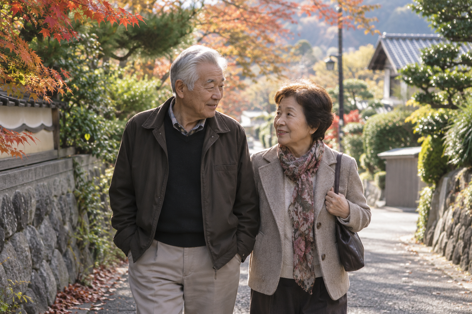秋の住宅街を一緒に歩く年配の夫婦
