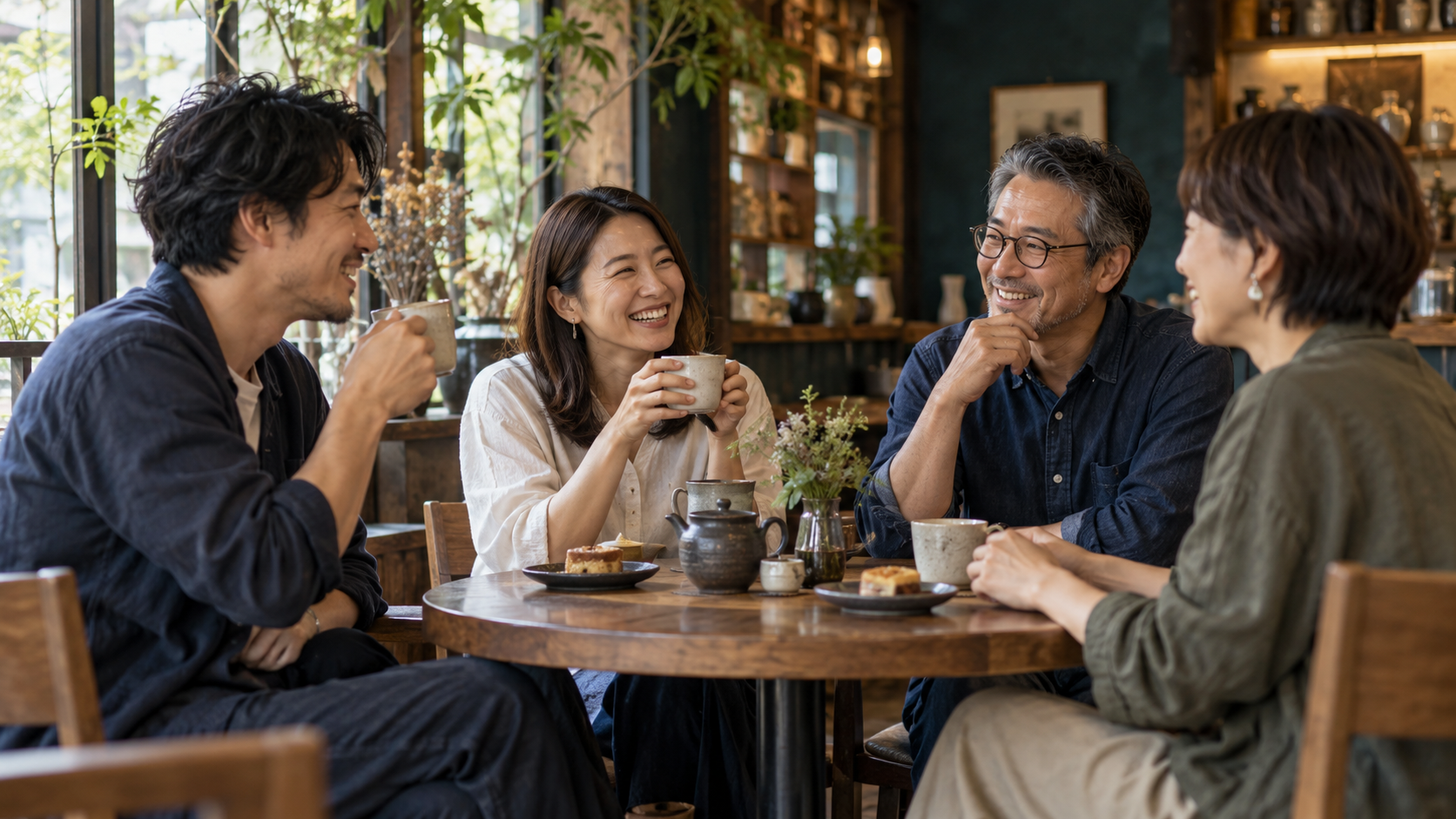 カフェでお茶を飲みながら話す四人の友人