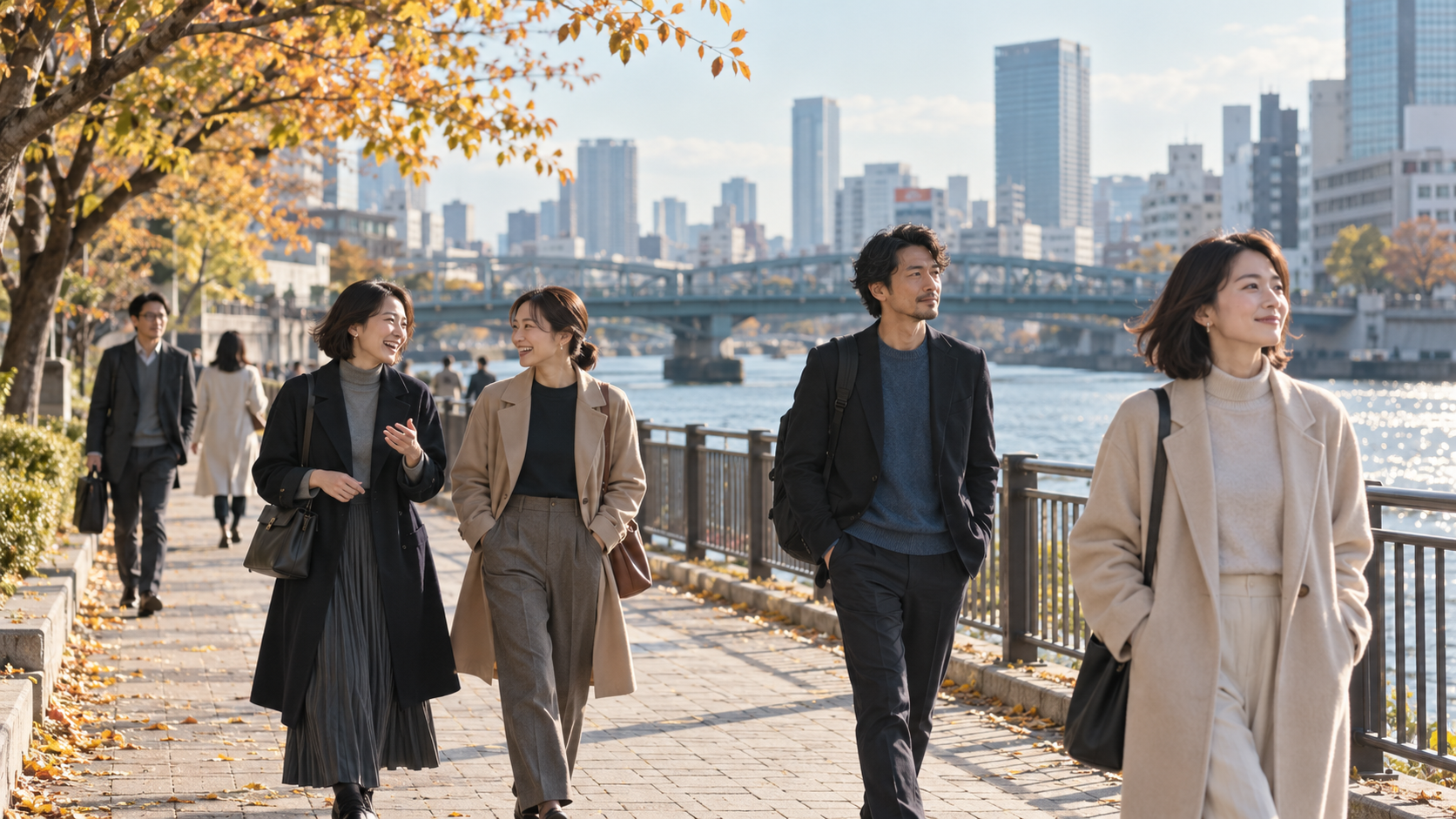 秋の川沿いでそれぞれの時間を過ごす人々