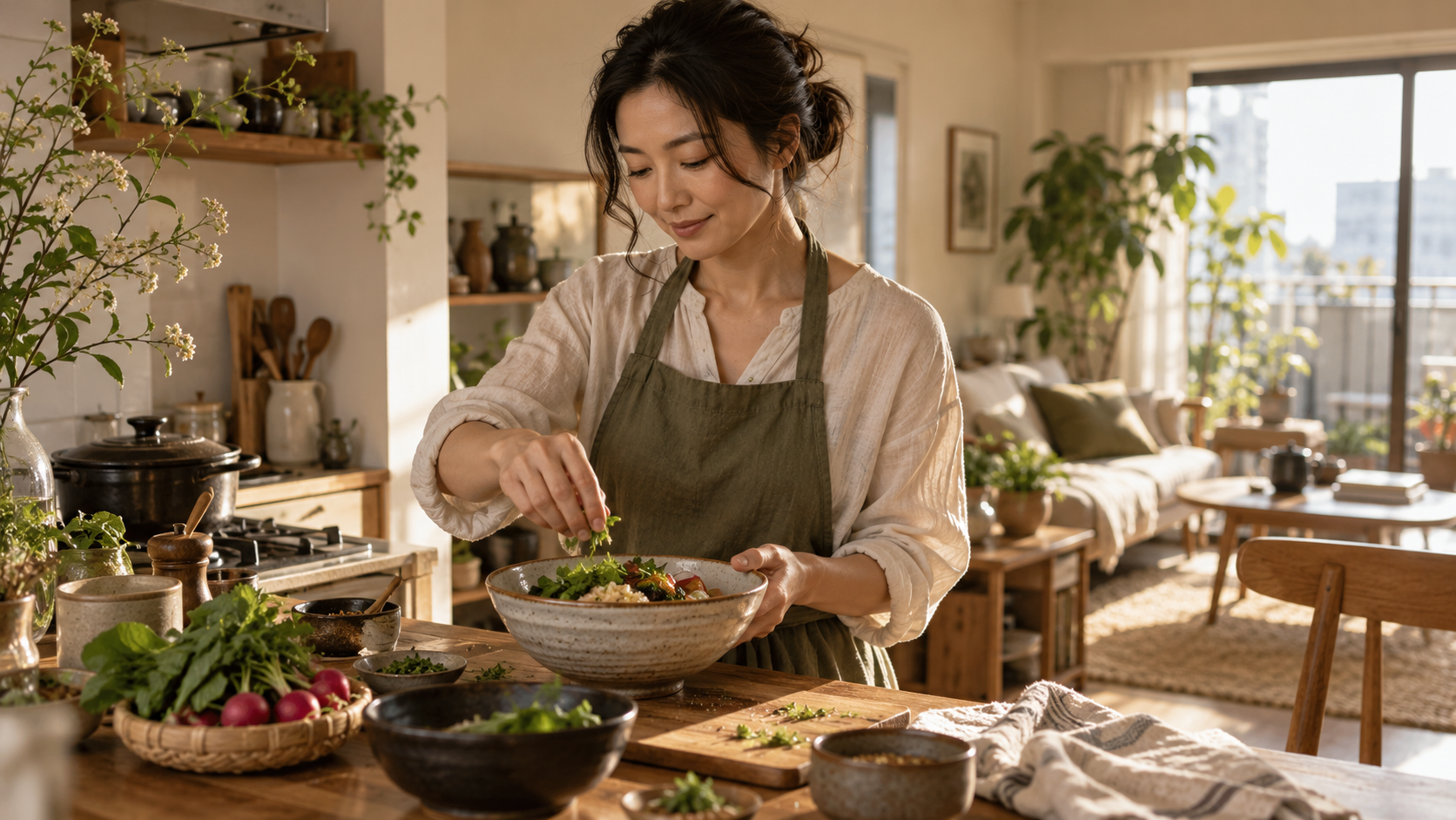 明るい自宅の台所で自分の食事を整える女性