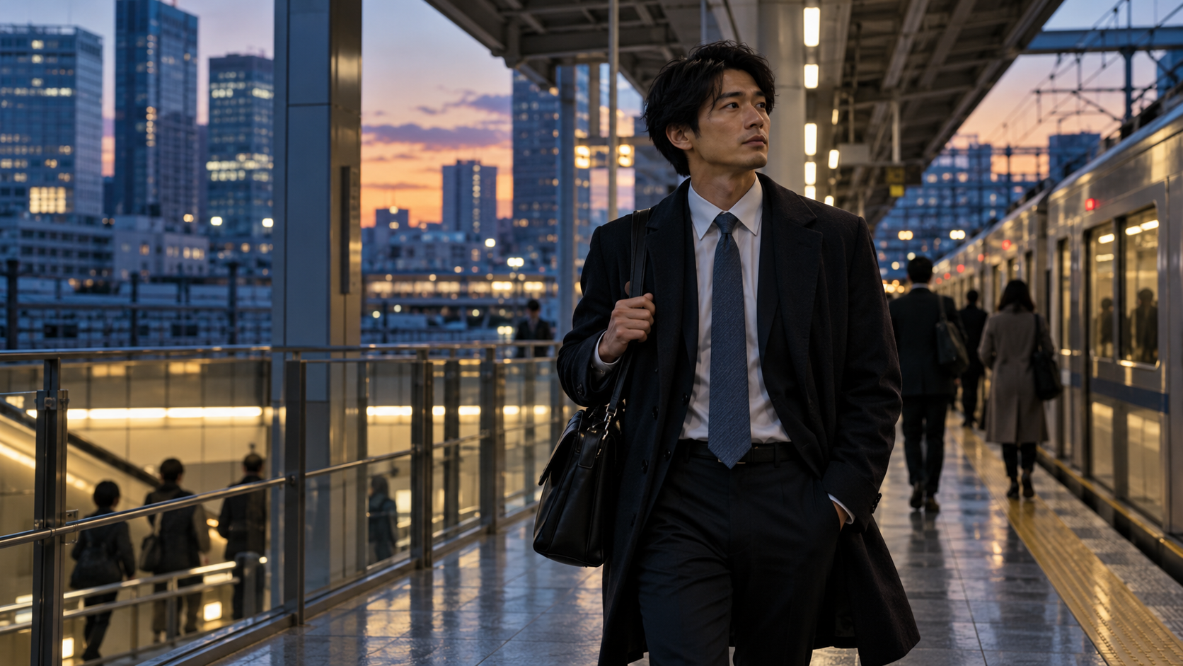 夕暮れの駅を歩く仕事帰りの男性