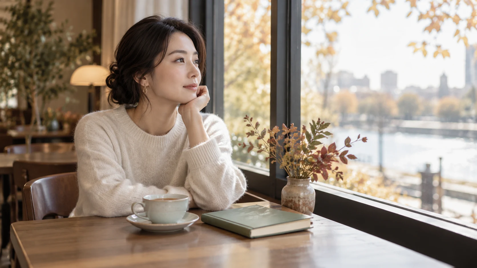 カフェでノートを開き自分の気持ちを考える女性