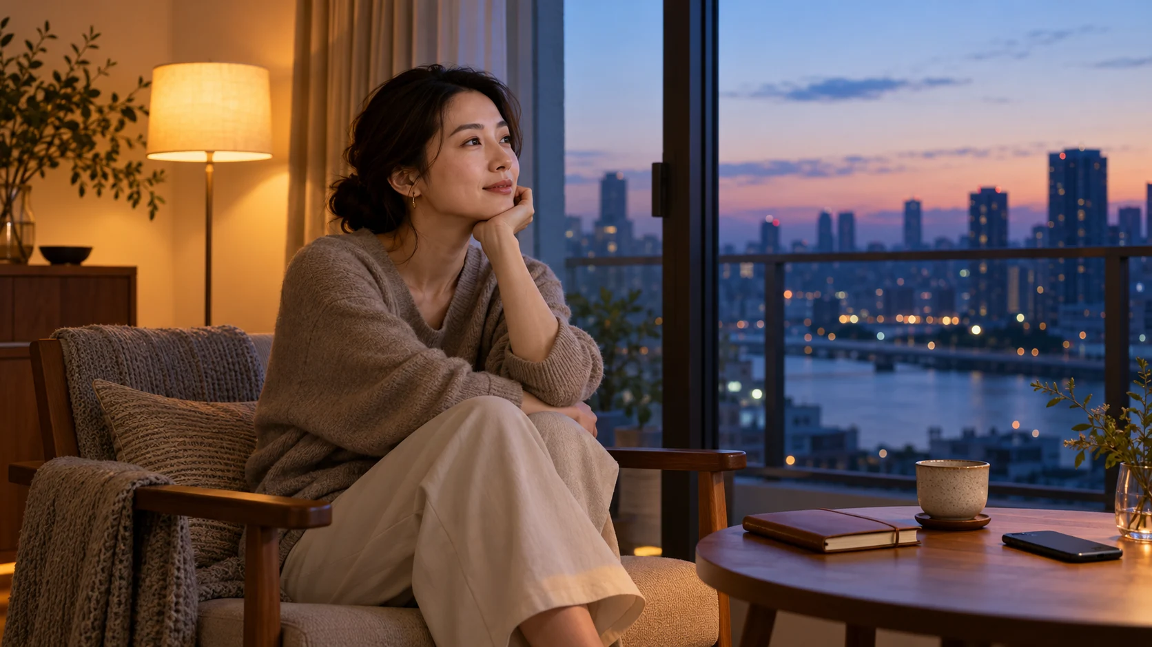 夕暮れの窓辺で判断を急がず一息つく女性