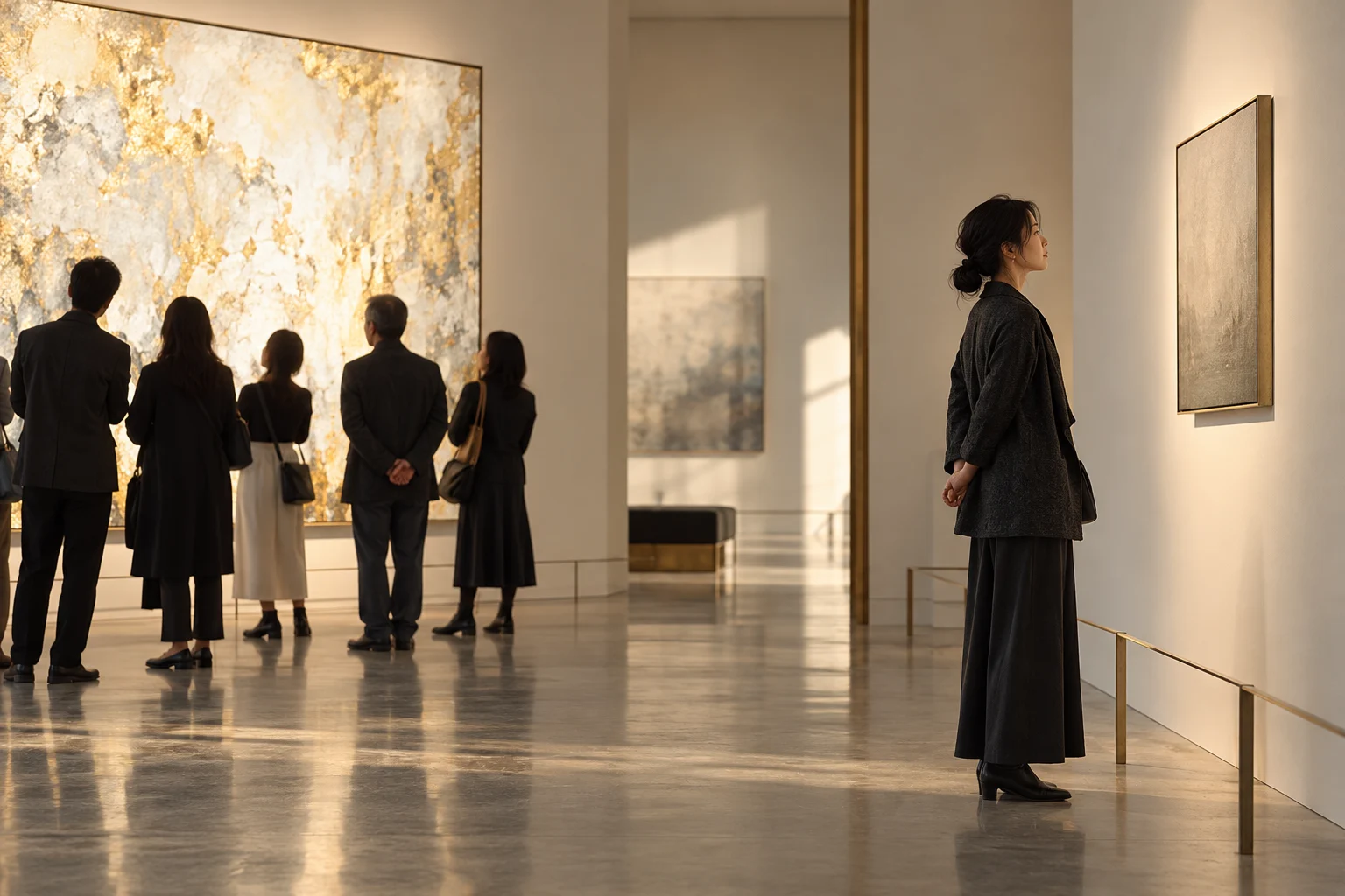美術館で周囲とは異なる作品を静かに眺める女性