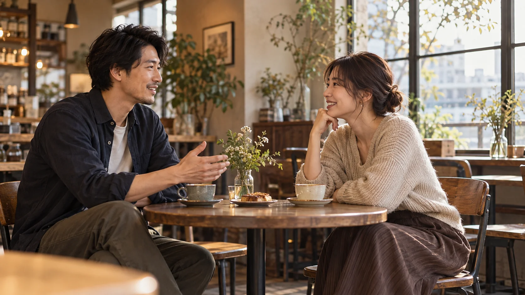 カフェで互いの話を聞く二人