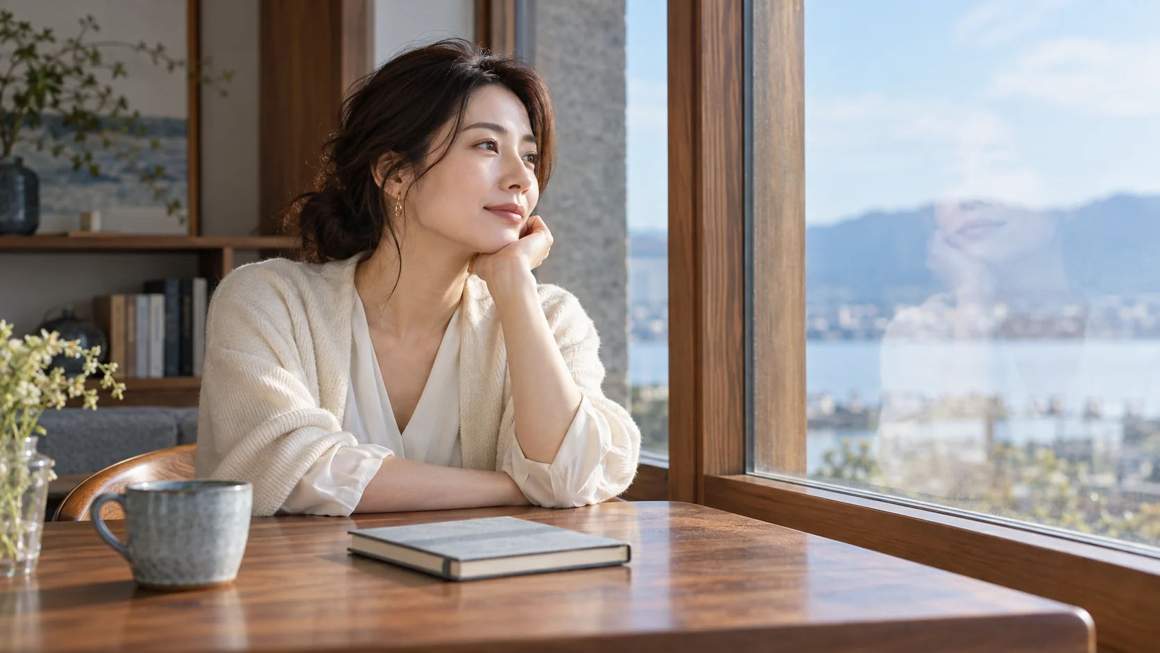 窓辺で静かに考える女性のイメージ