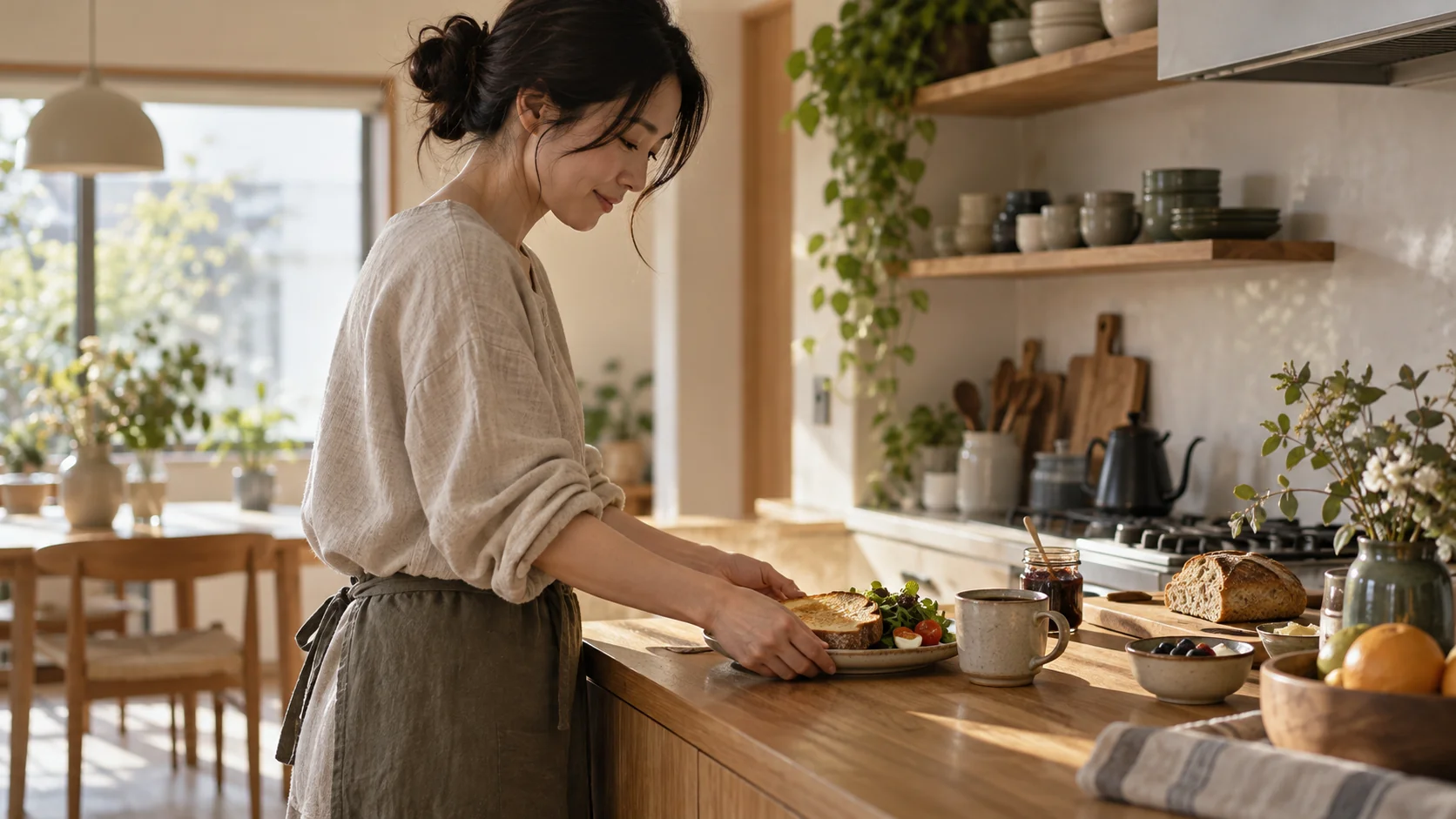 自宅で休日の朝食を用意する生活の場面
