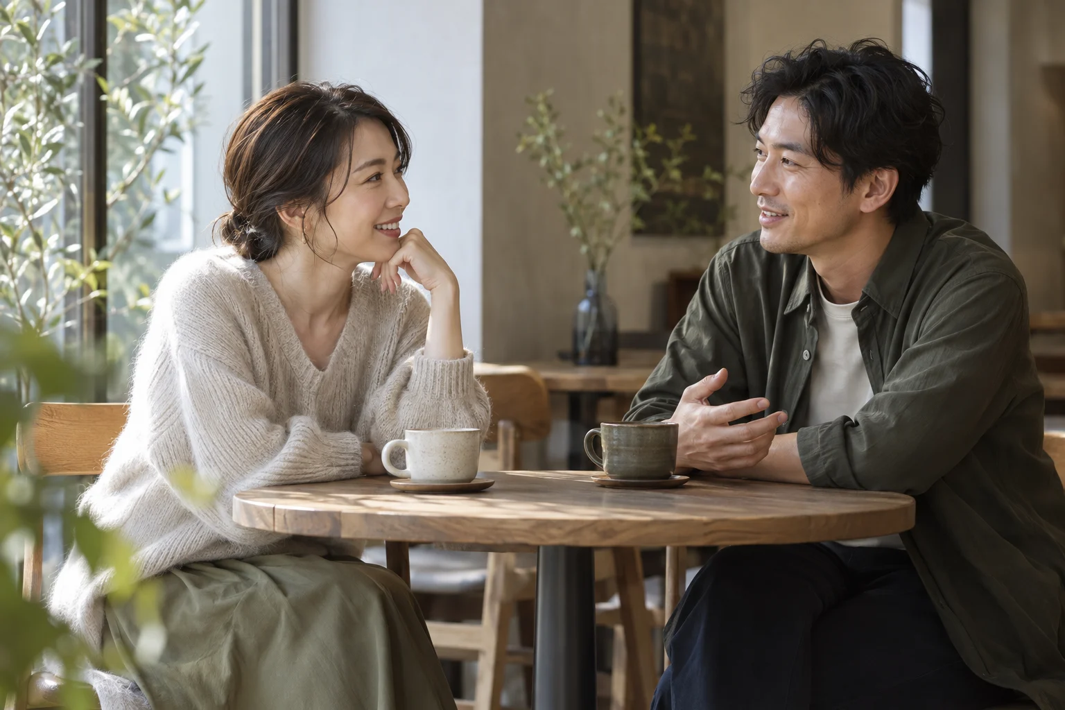 カフェで互いの話を聞きながら会話する二人