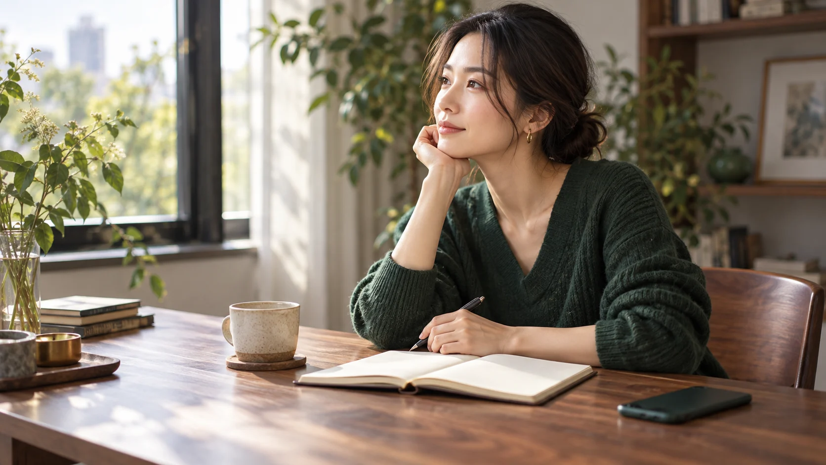 窓辺でノートを開き、出会いを静かに振り返る女性