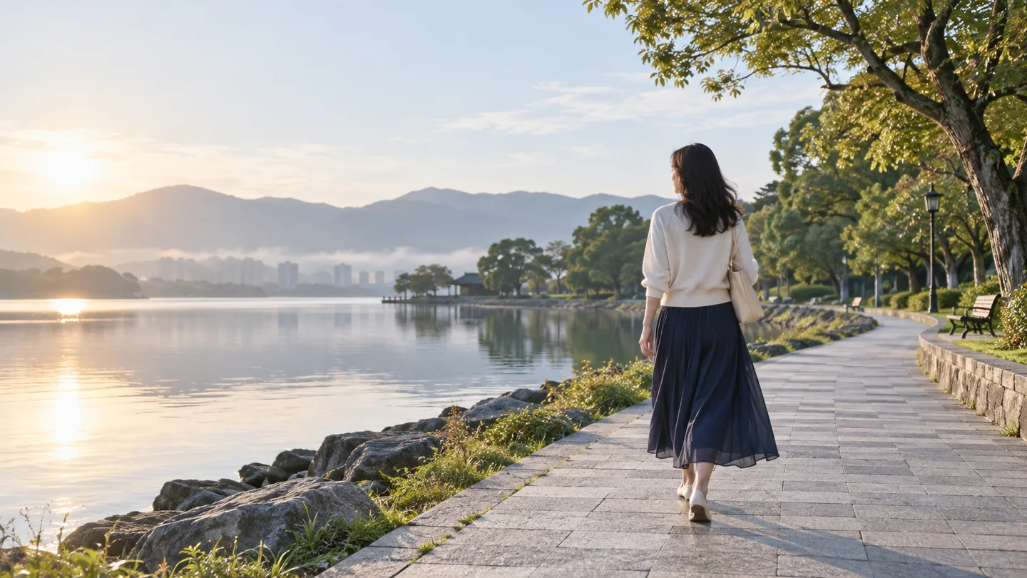 湖畔の道を一人で歩く女性の後ろ姿