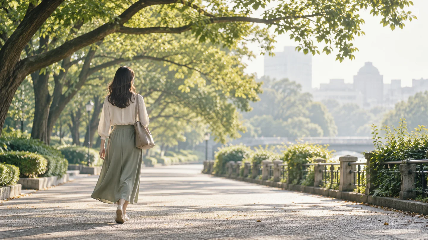 木々に囲まれた広い公園の道を歩く女性