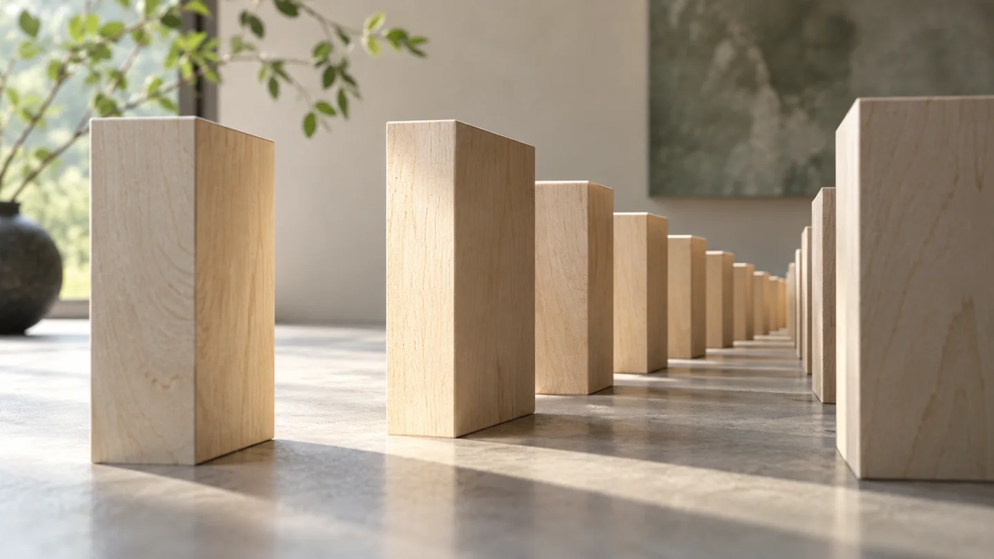 通路の両側に並ぶ木製のブロック