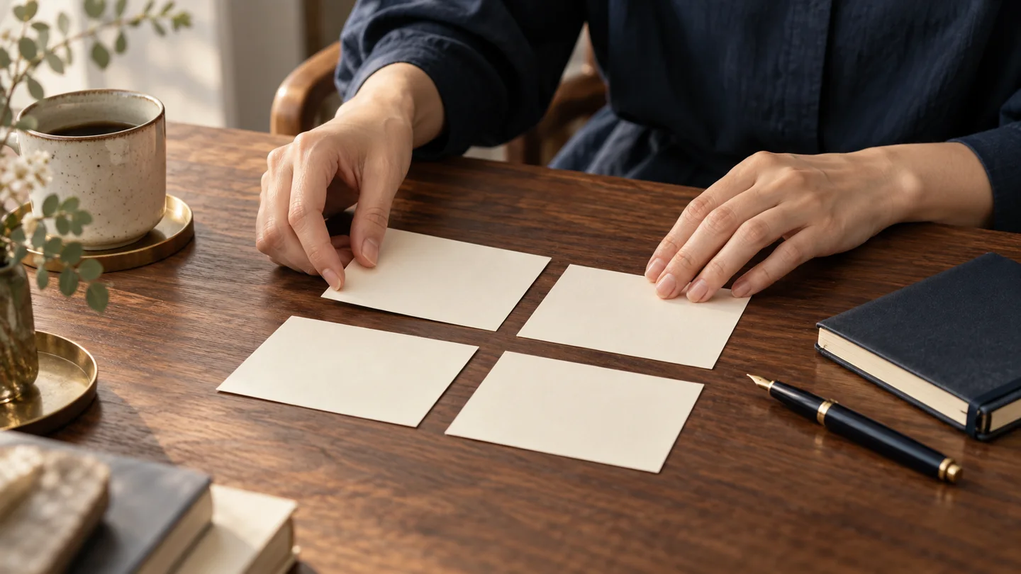 出来事を整理するために四枚のカードを机に並べる手元