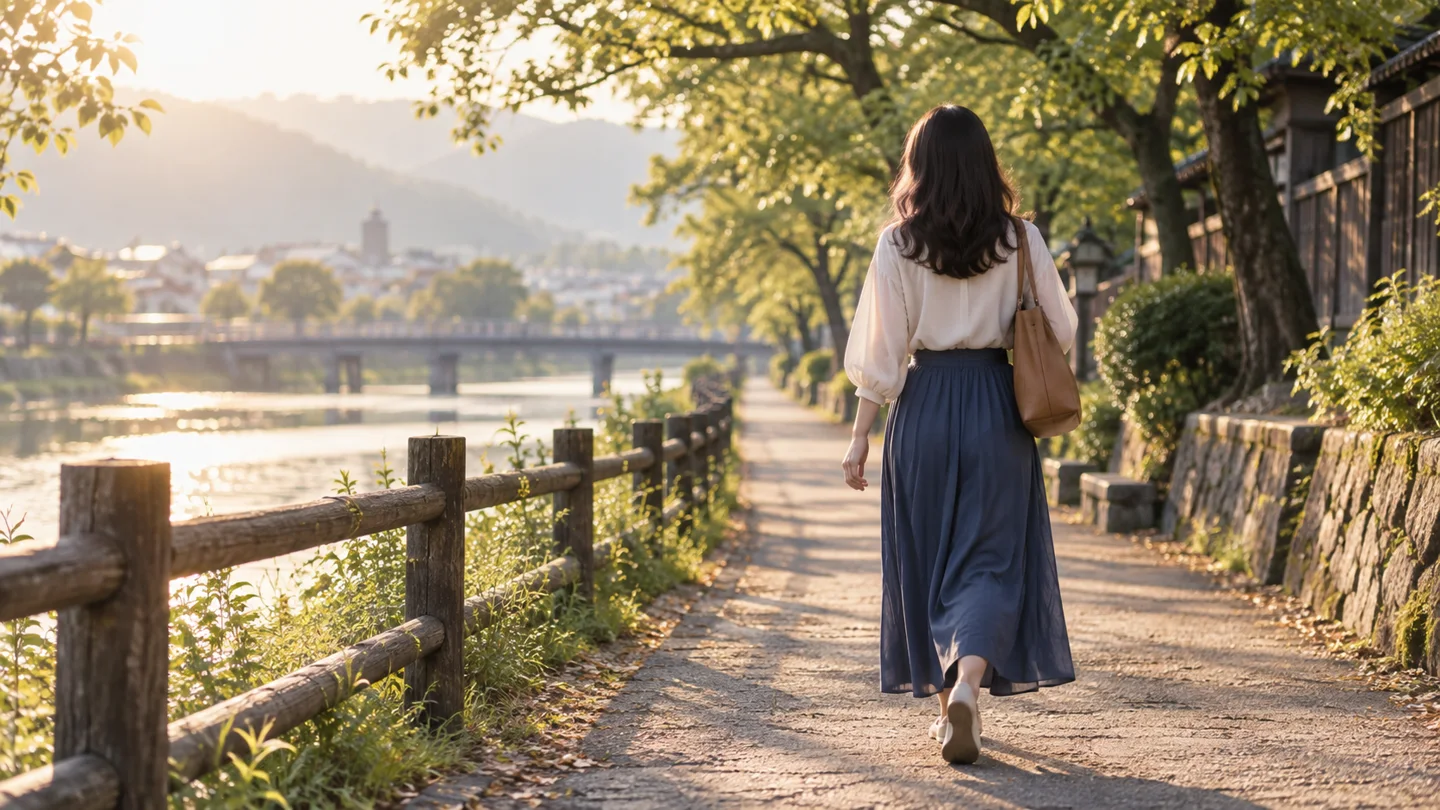 朝の水辺の道を一人で歩く女性の後ろ姿
