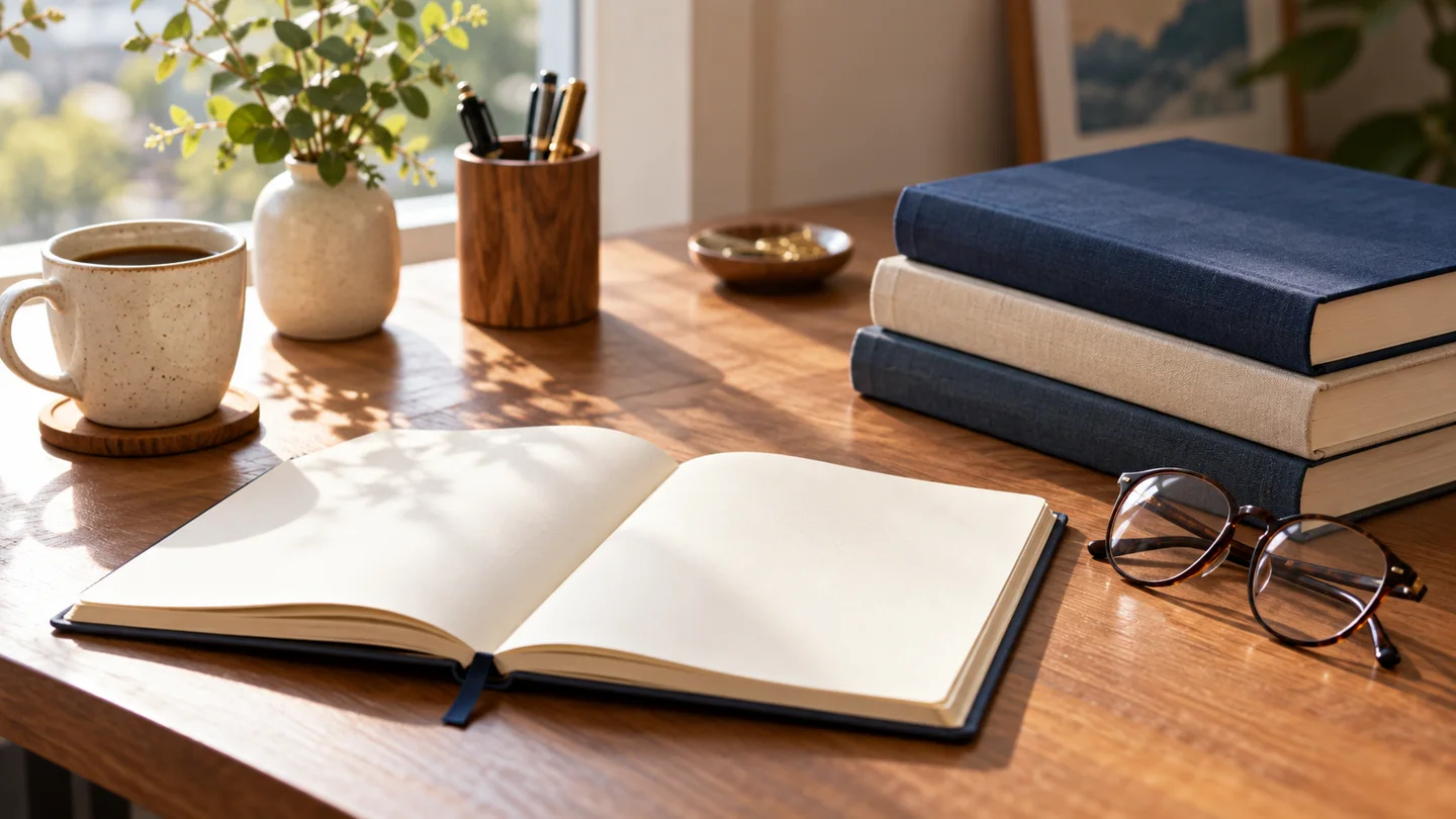 研究を読み解くための本とノートを置いた机