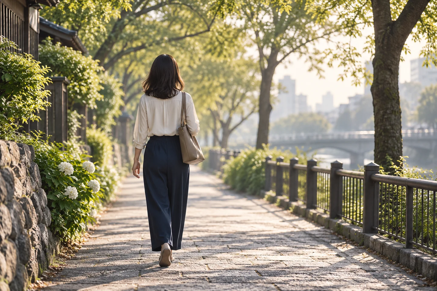 朝の木立の道を自分のペースで歩く女性の後ろ姿