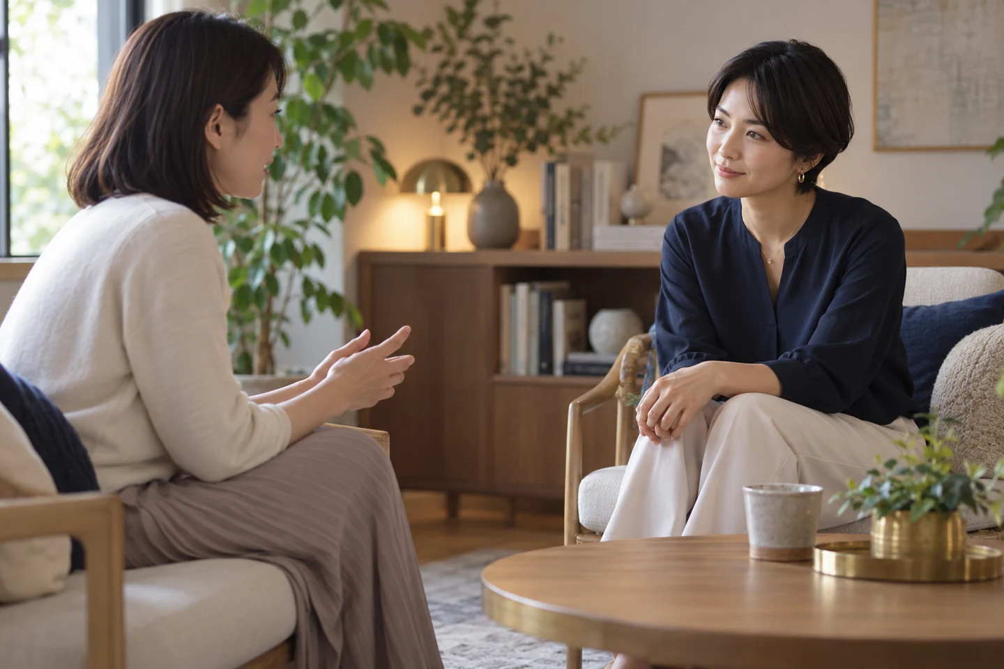 落ち着いた相談室で話を聞く二人の女性のイメージ