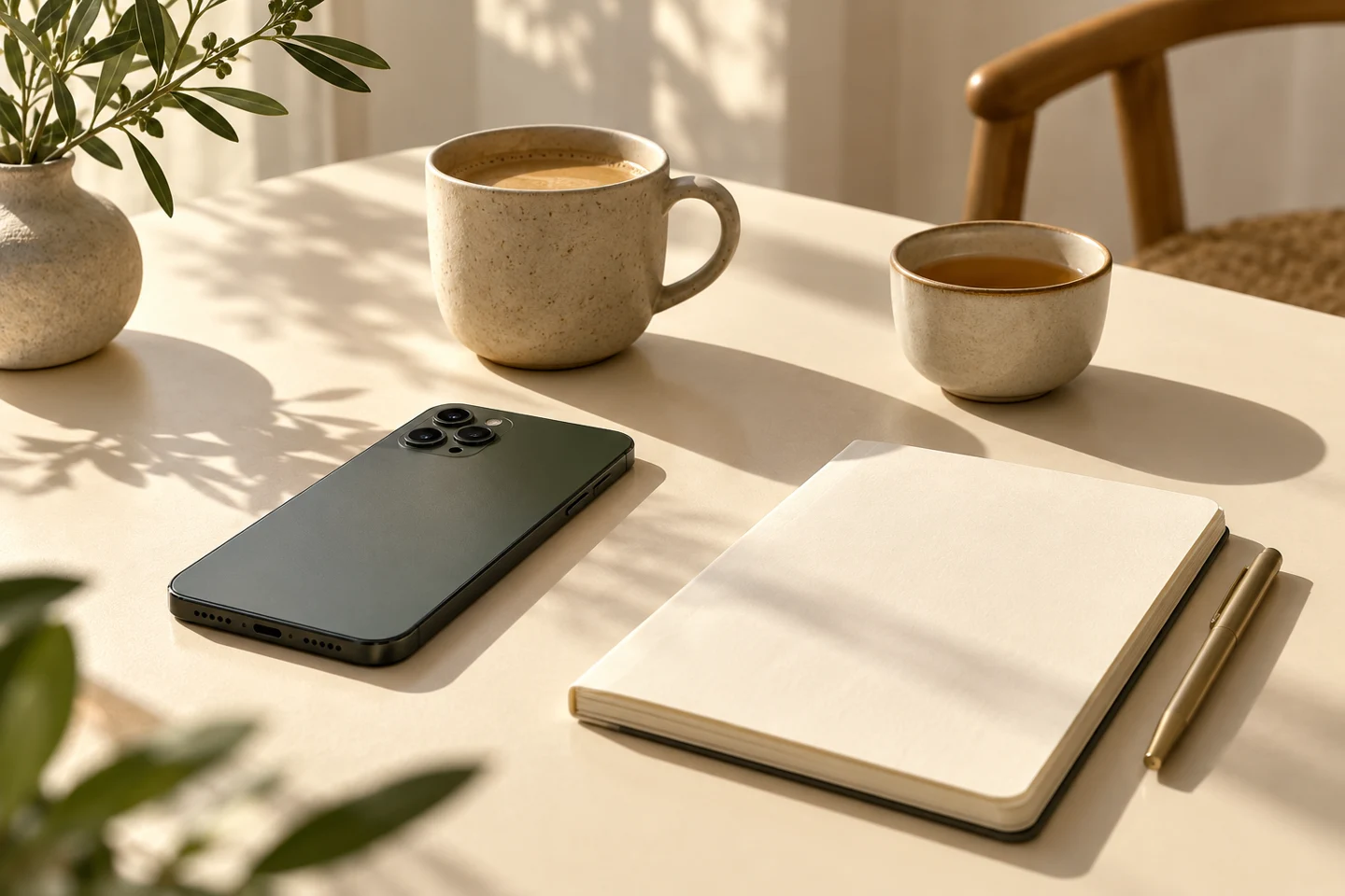 伏せたスマートフォンとノートと二つのカップ