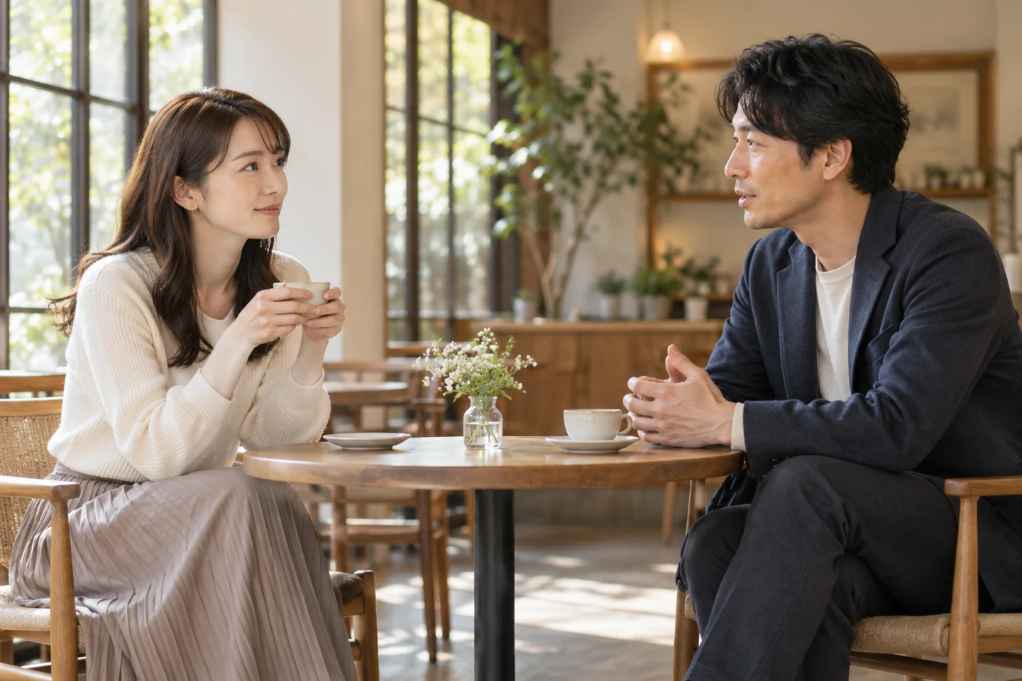 落ち着いたカフェで向き合って話す二人のイメージ