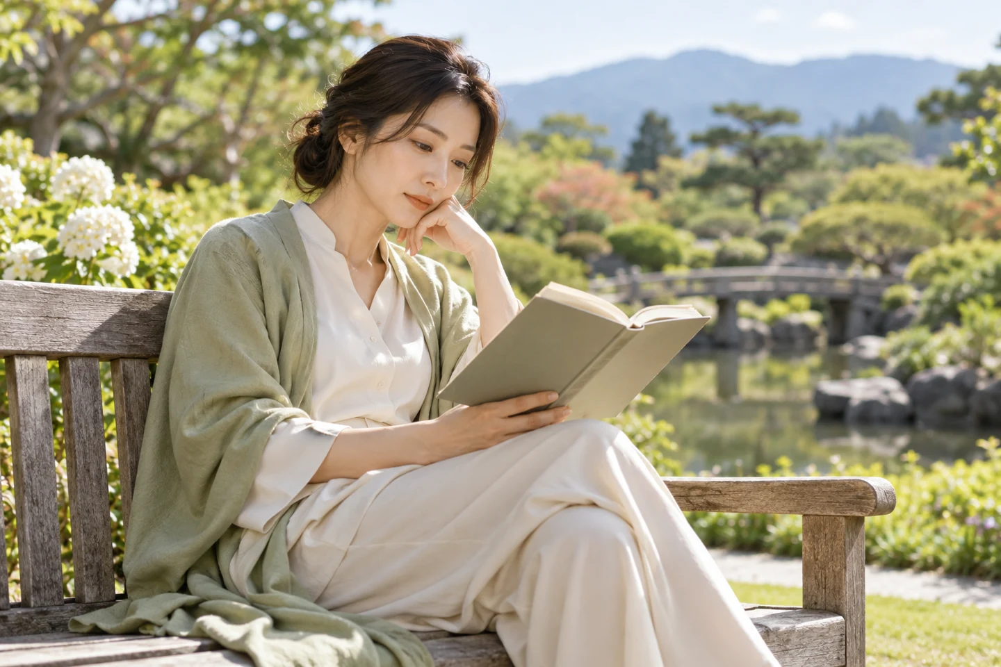 庭のベンチで自分の時間を過ごす女性のイメージ