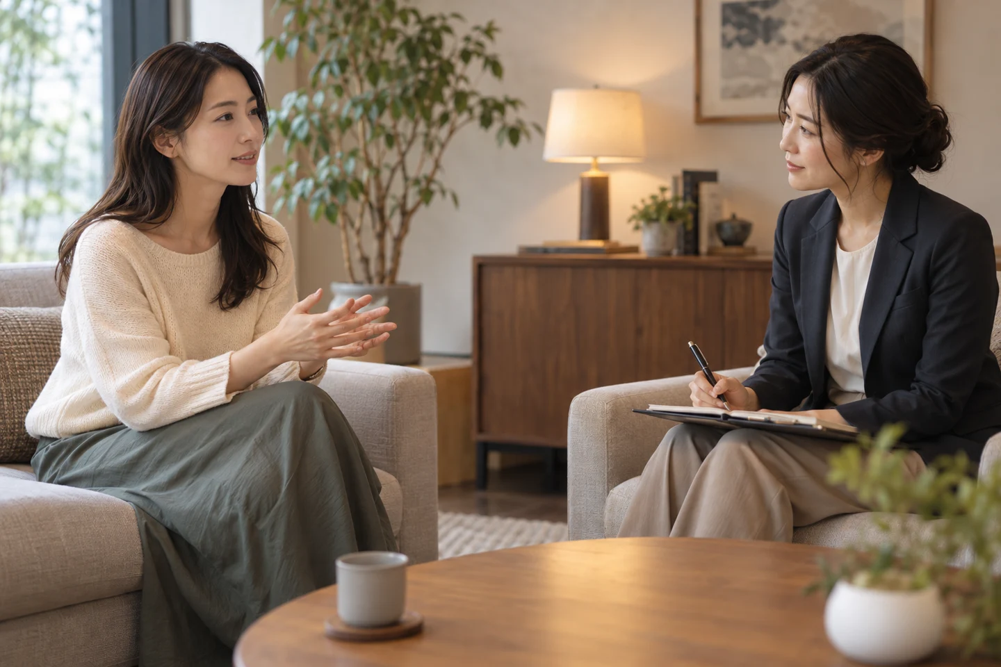 落ち着いた相談室で話を聞いてもらう女性のイメージ