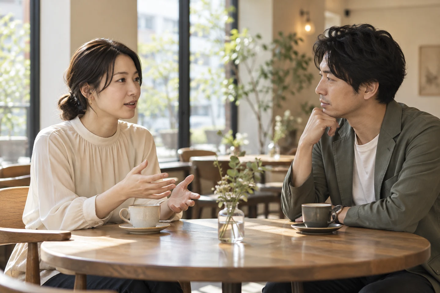 落ち着いたカフェで互いの話を聞く二人のイメージ