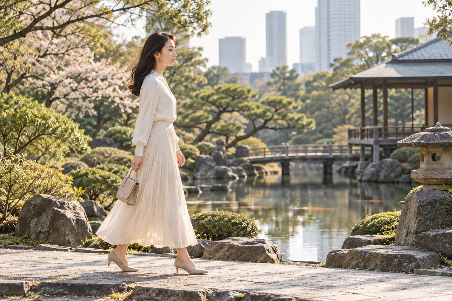 朝の庭園を自分のペースで歩く女性のイメージ