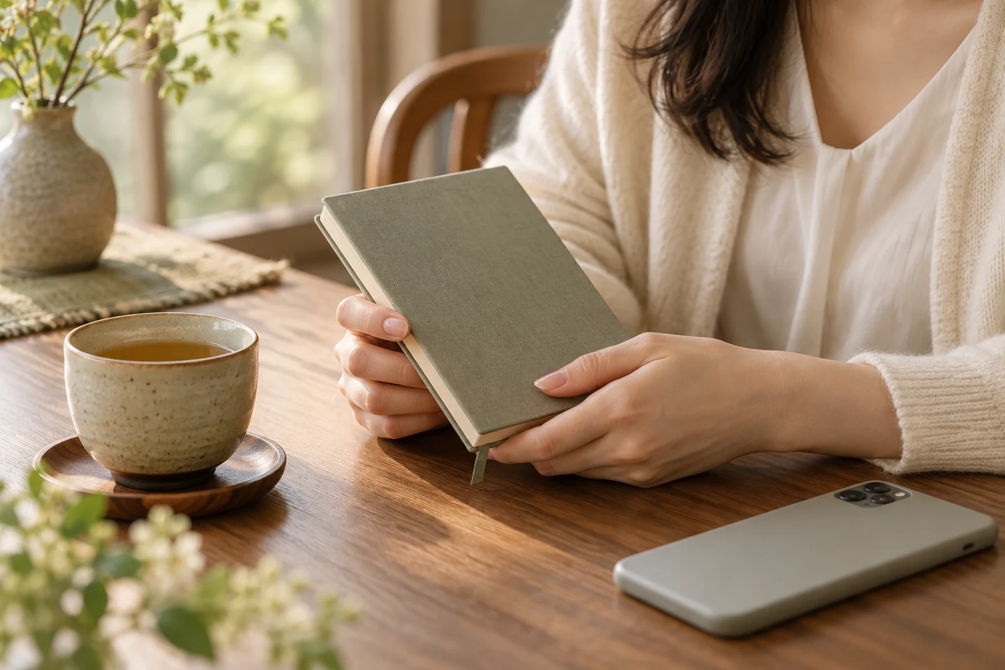 閉じたノートと携帯電話を前にした女性の手元