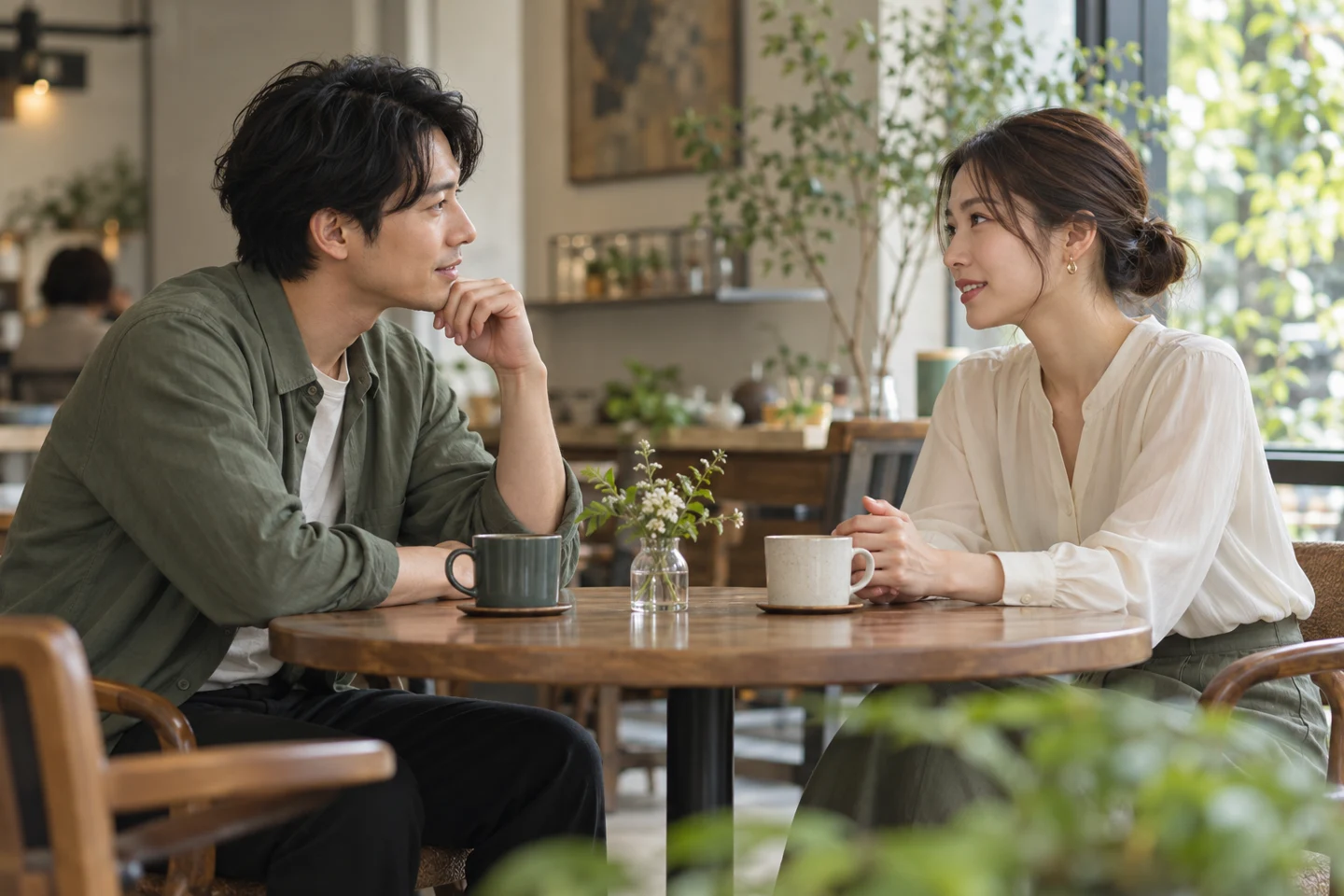 落ち着いたカフェで対等に話を聞く二人のイメージ