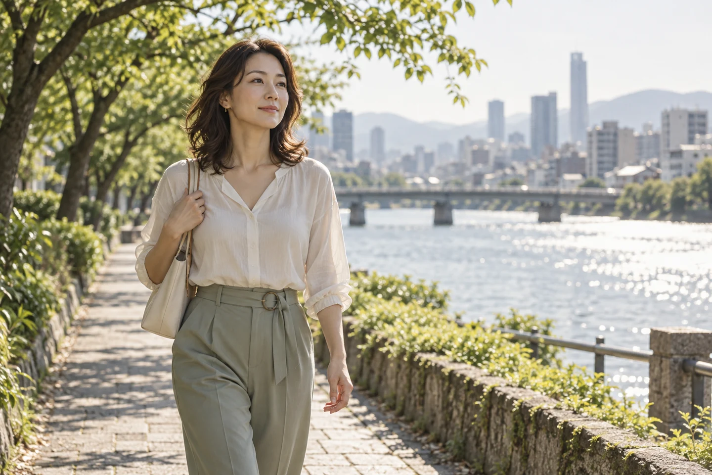 朝の川沿いを自分のペースで歩く女性のイメージ