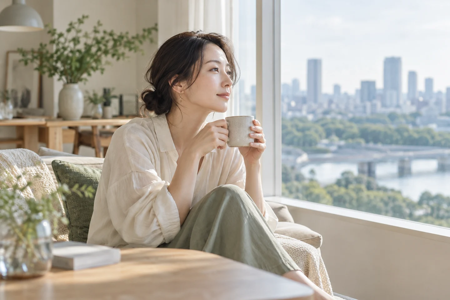 窓辺で一息つく女性のイメージ