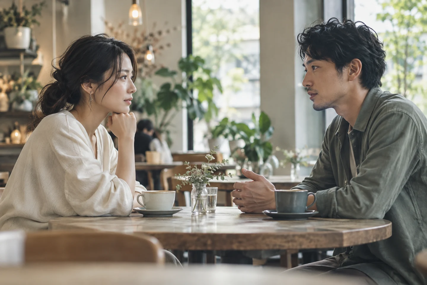 カフェで落ち着いて話を聞き合う二人のイメージ