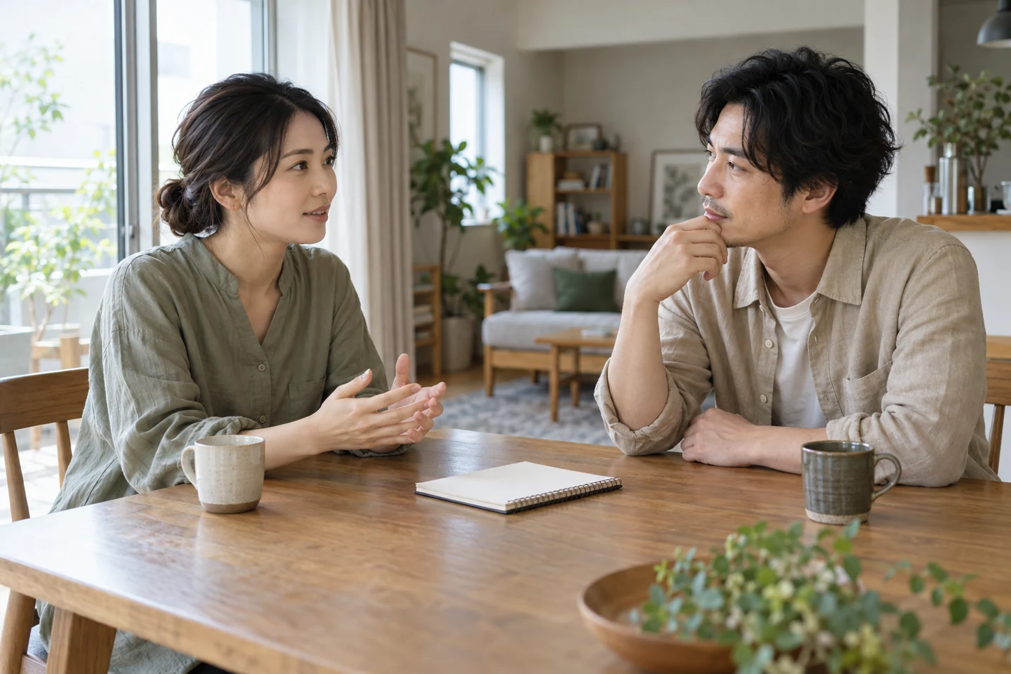 ノートを挟んで落ち着いて話し合う二人のイメージ