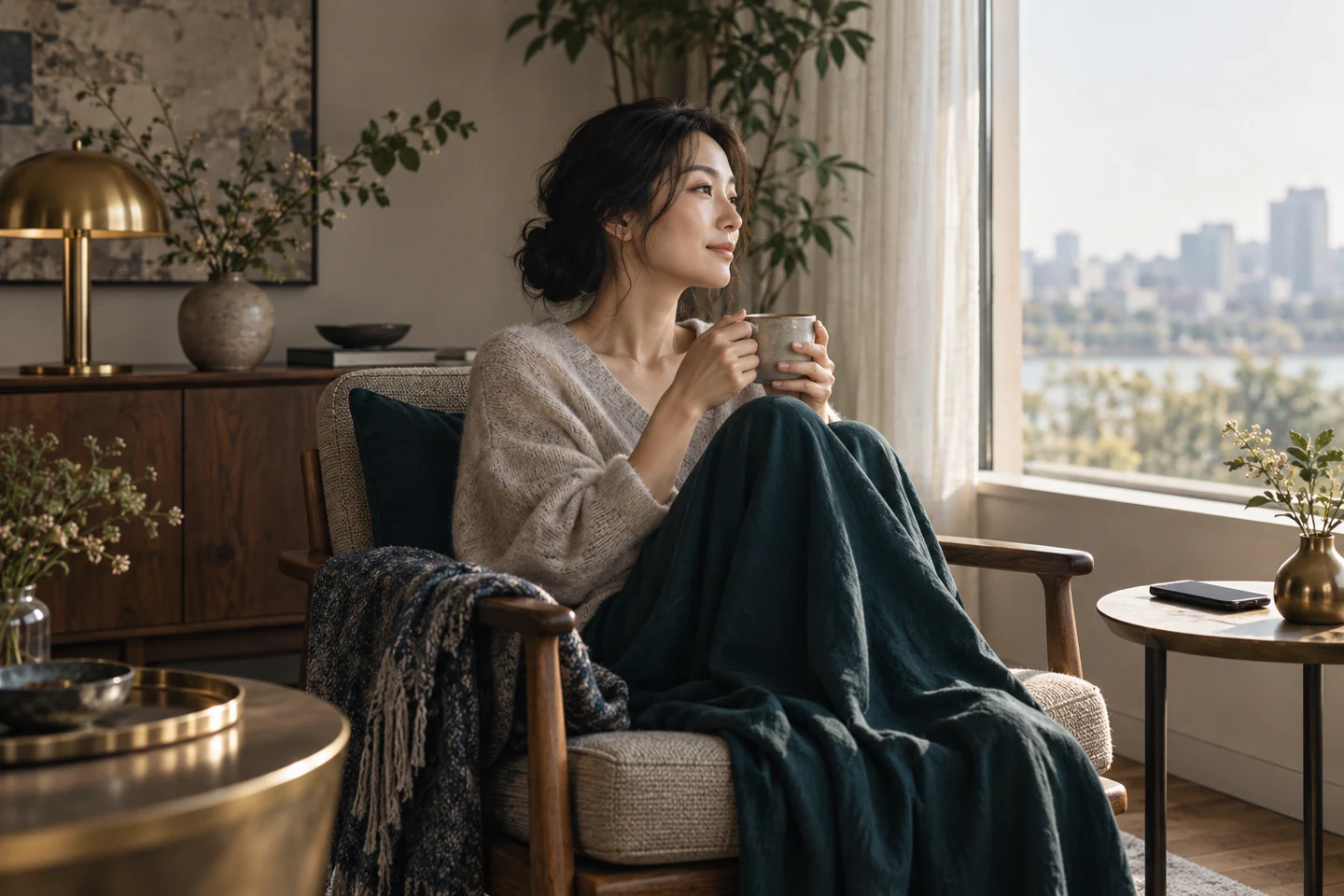 窓辺で一人の時間を取り、気持ちを整理する女性のイメージ
