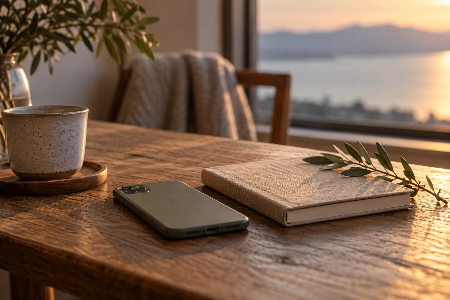 伏せたスマートフォンとノートがある静かな時間のイメージ