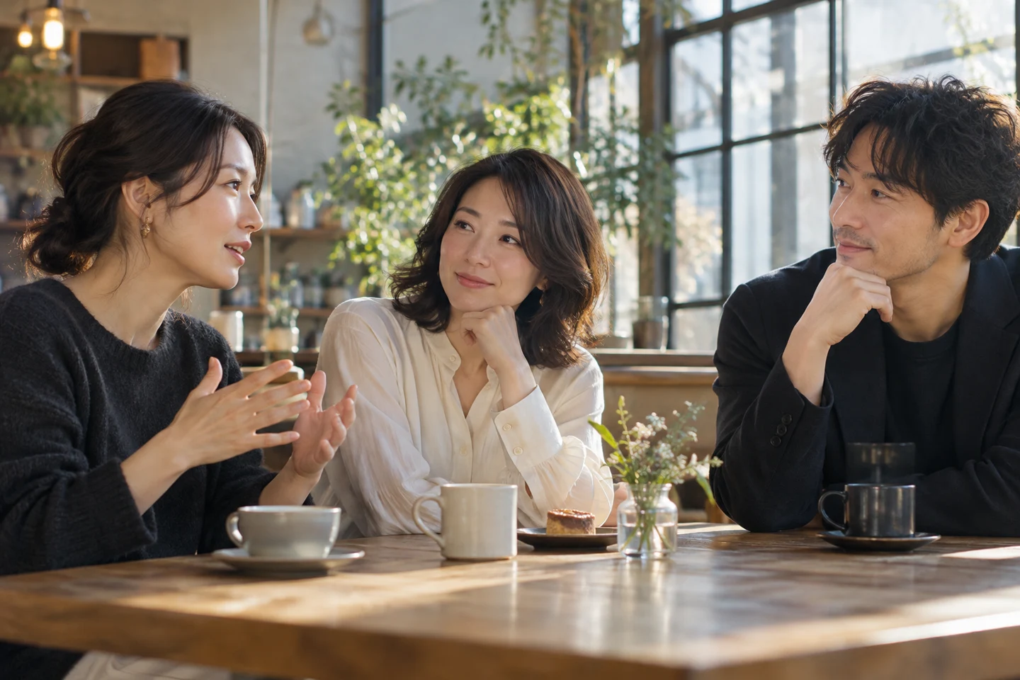 カフェで落ち着いて話を聞く三人の友人のイメージ