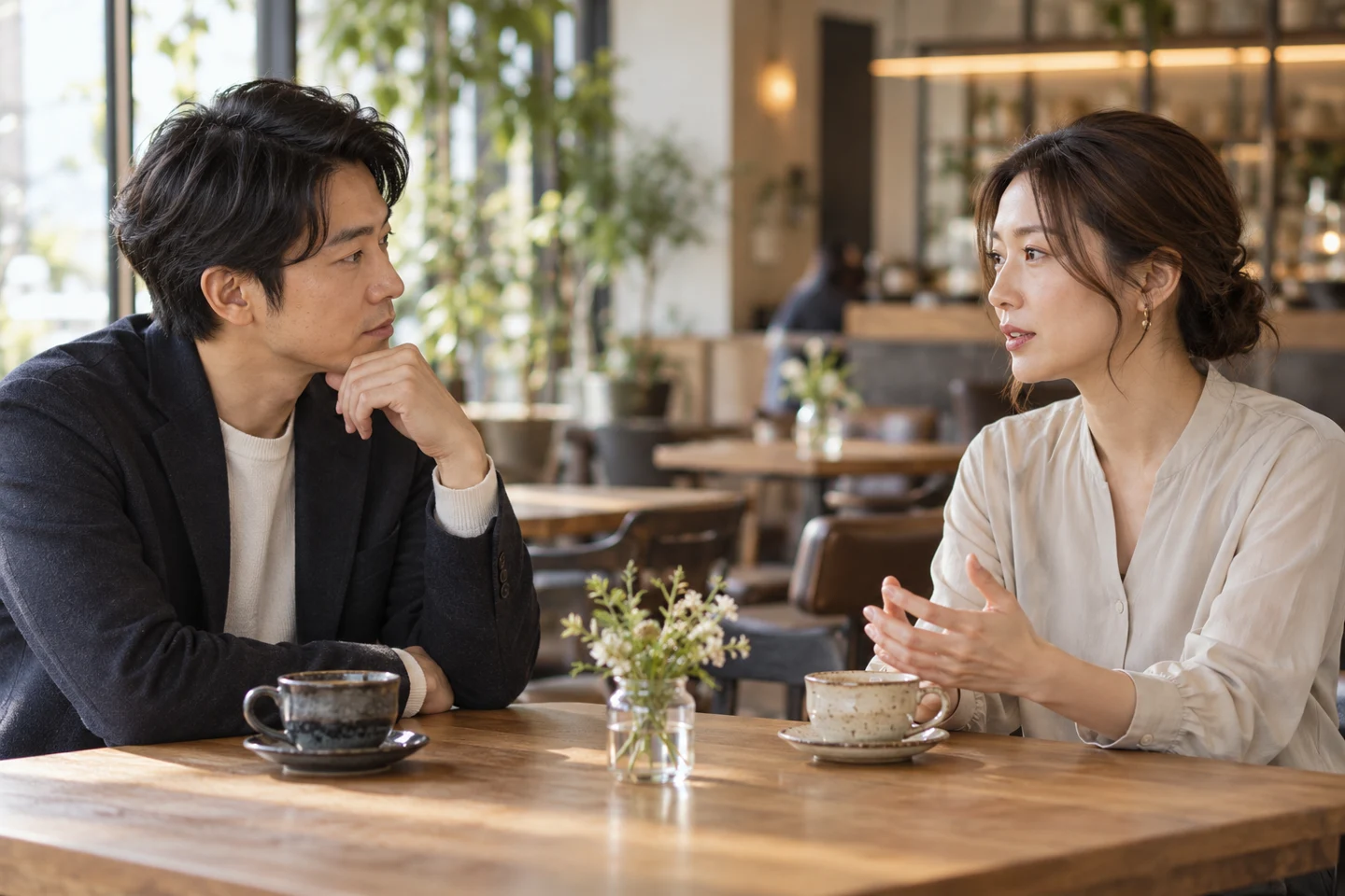 落ち着いた距離で話を聞き合う二人のイメージ