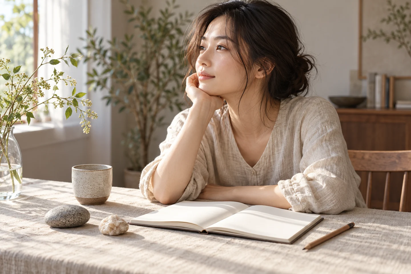 ノートを前に自分の考えを整理する女性のイメージ