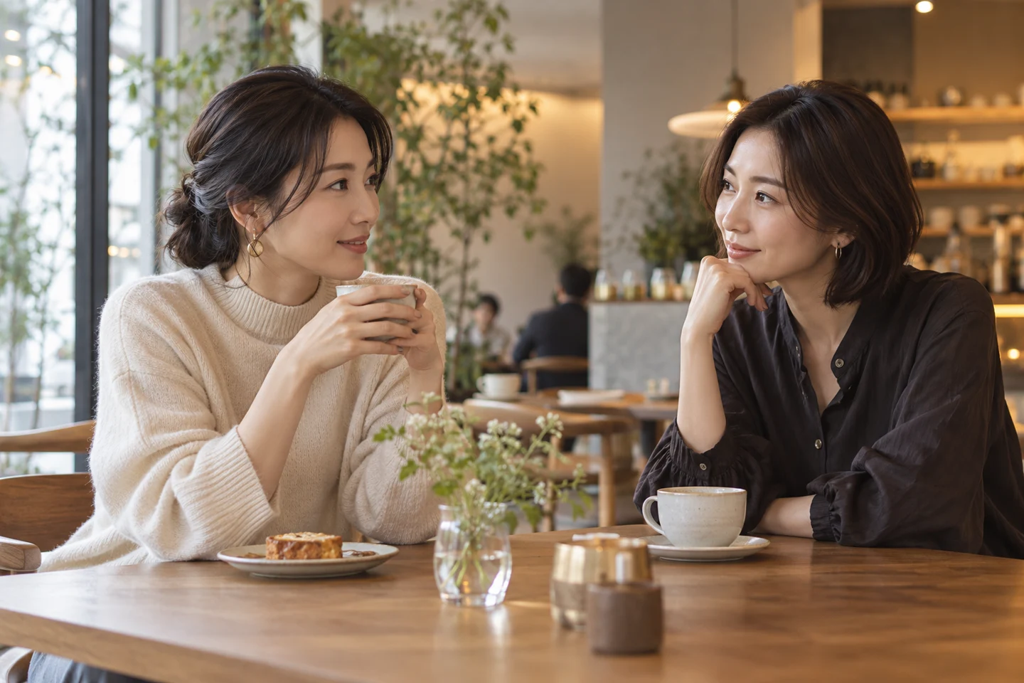 カフェで落ち着いて話を聞き合う二人のイメージ