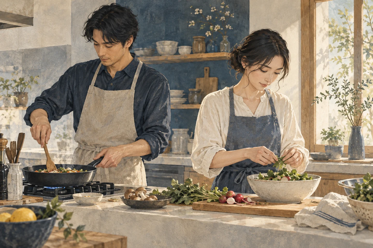 二人で役割を分けて食事を作るイメージ