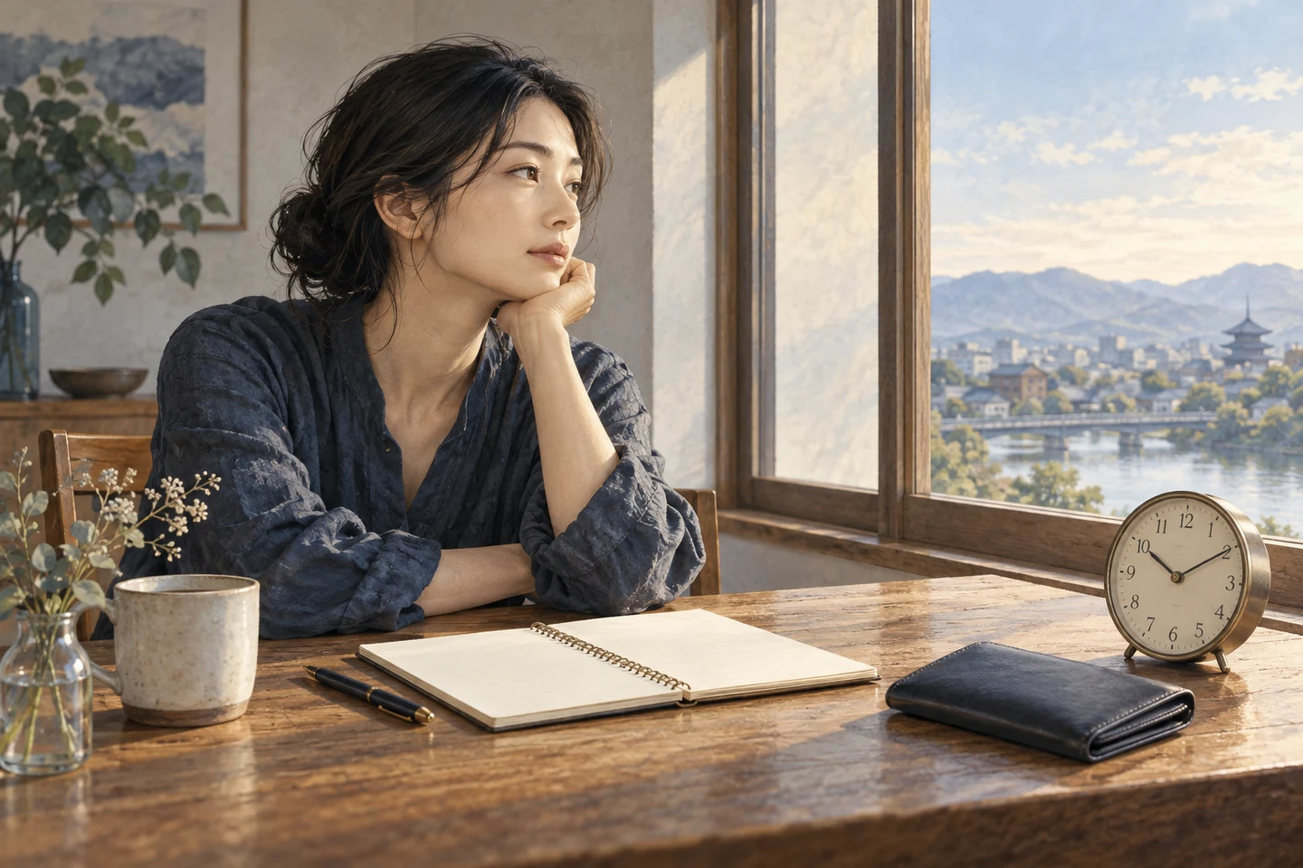 窓辺で時間や生活の負担を考える女性のイメージ