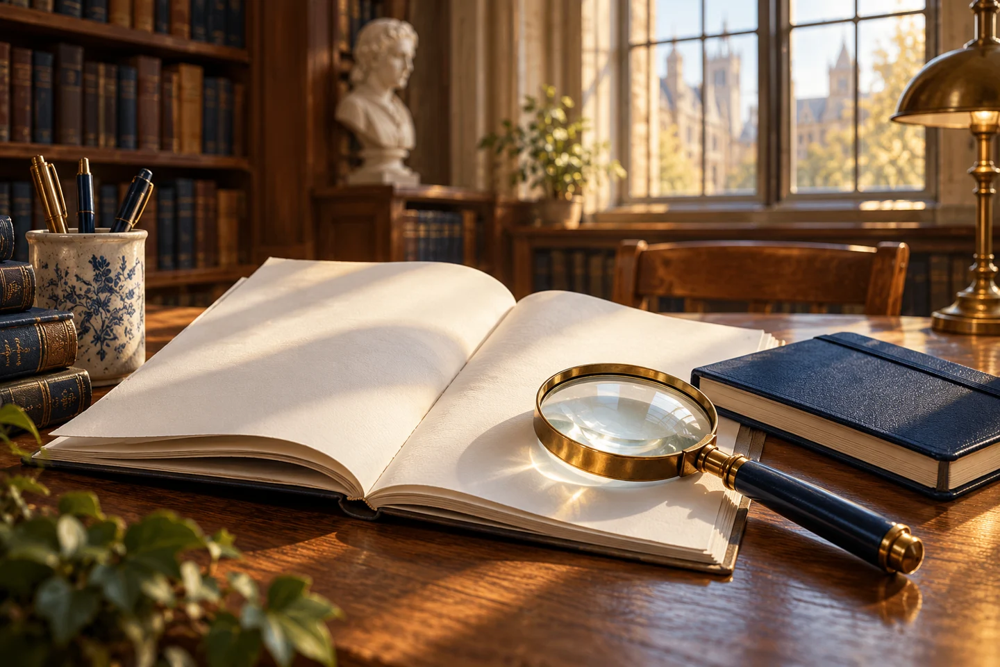 図書館で論文を読み解くための本と虫眼鏡のイメージ