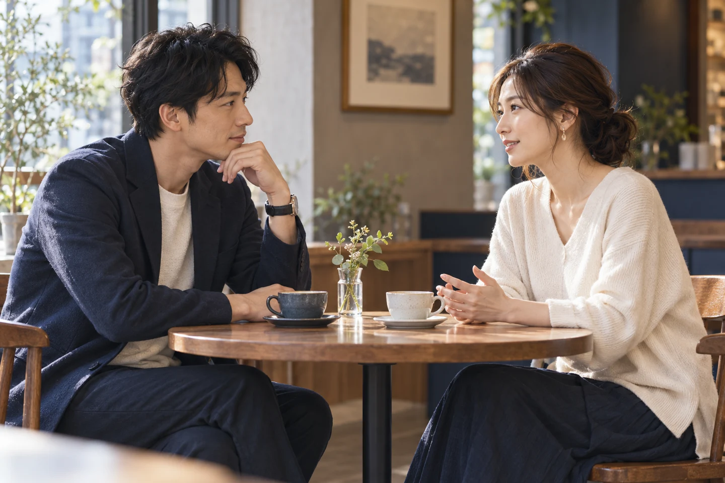 カフェで落ち着いて話し合う二人のイメージ