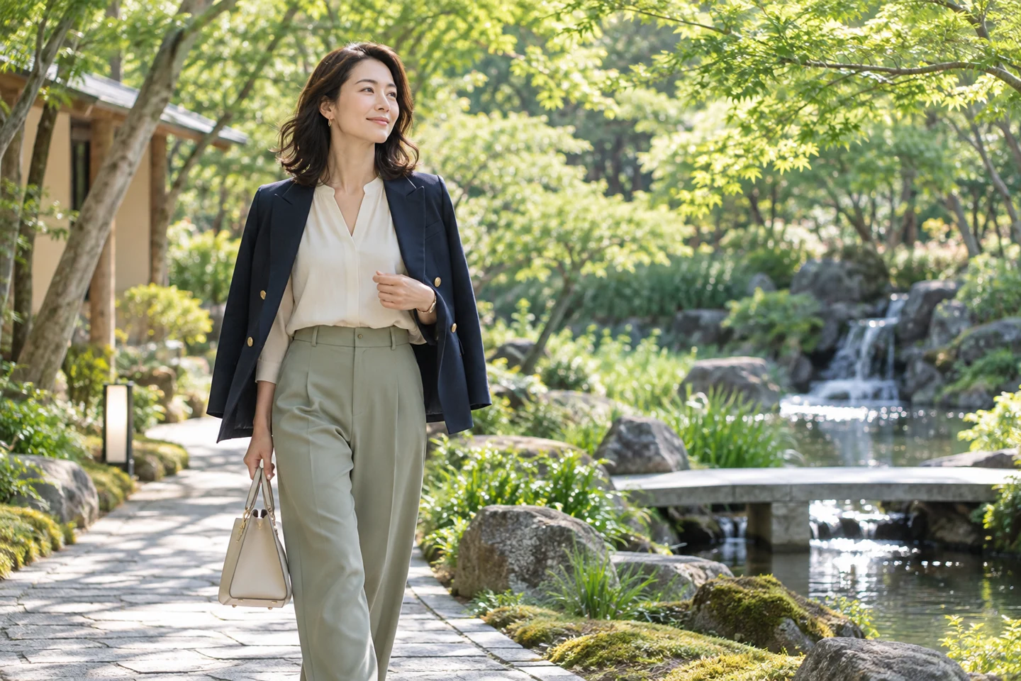 明るい庭を自分のペースで歩く女性のイメージ