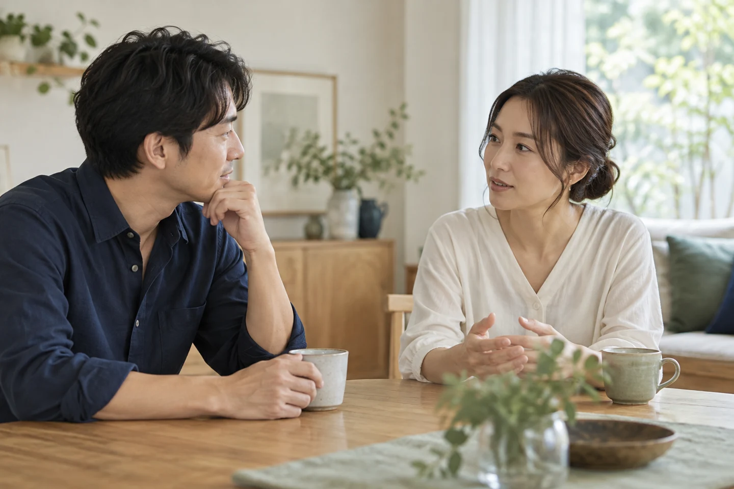 落ち着いて意見を伝え合う二人のイメージ
