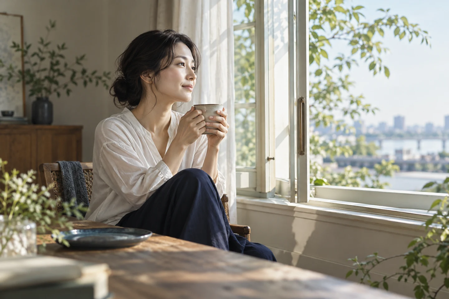 窓辺で静かに休憩する女性のイメージ