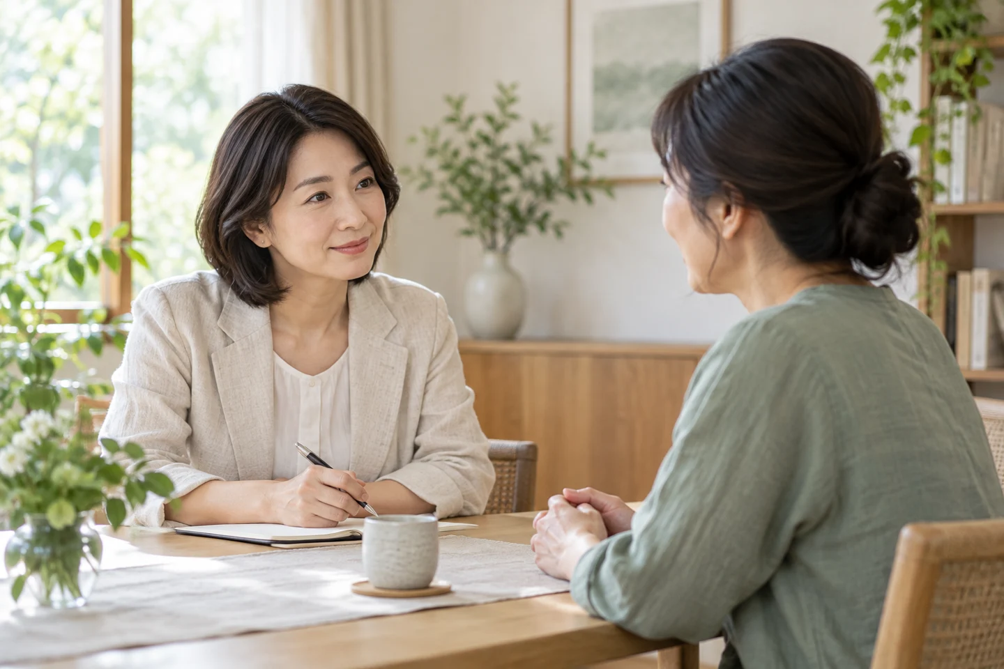 静かな部屋で相談する二人のイメージ